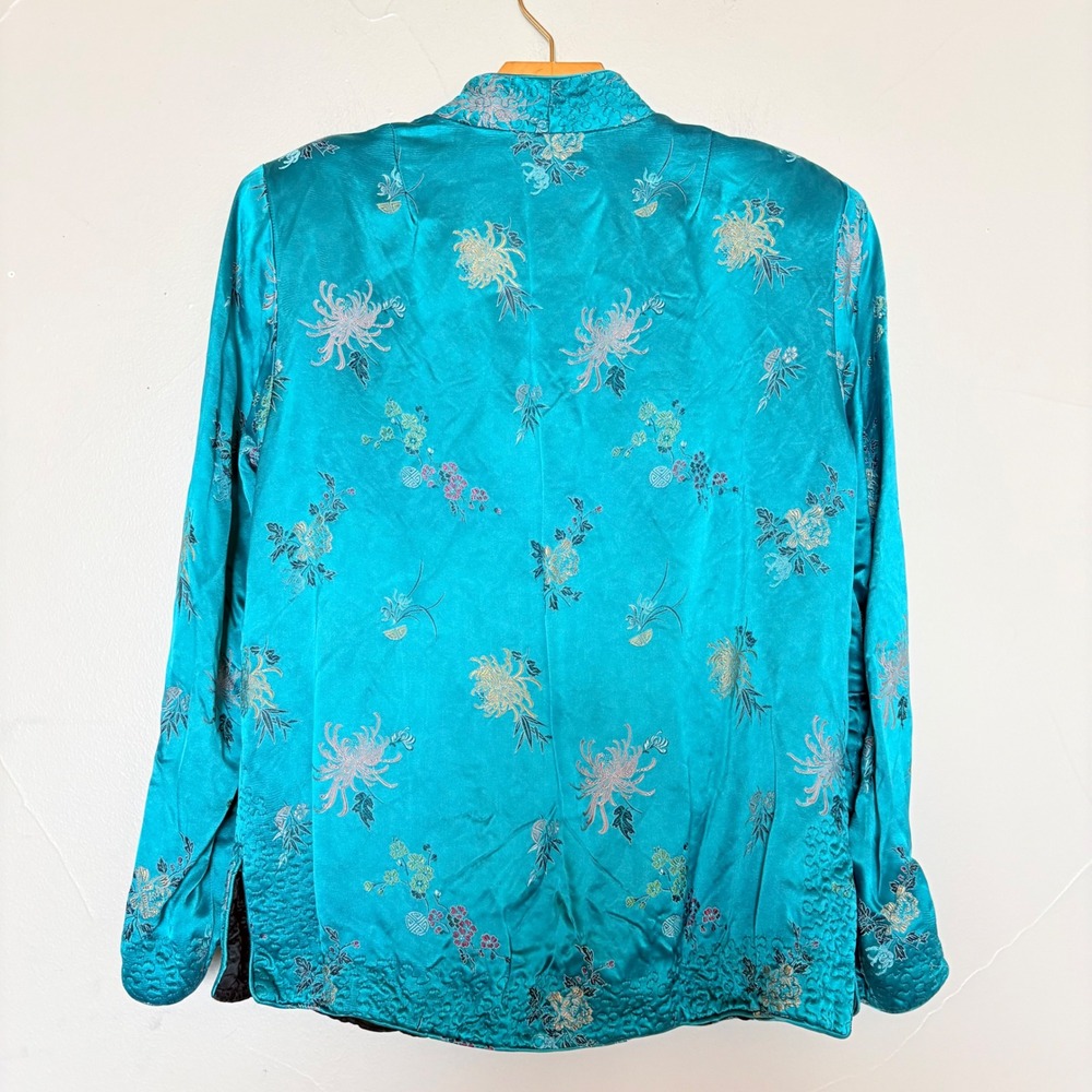 Vintage Reversible Satin Chinese Jacket Teal Black Embroidered Frog‎ Buttons - Picture 2 of 16
